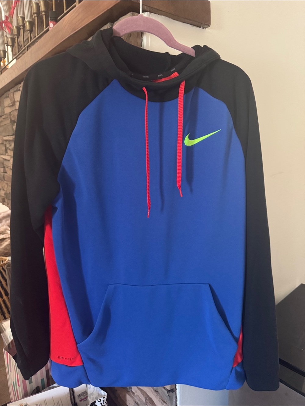 Nike Blue & Black Pullover Hoodie with Neon Green Swoosh and Red Accents